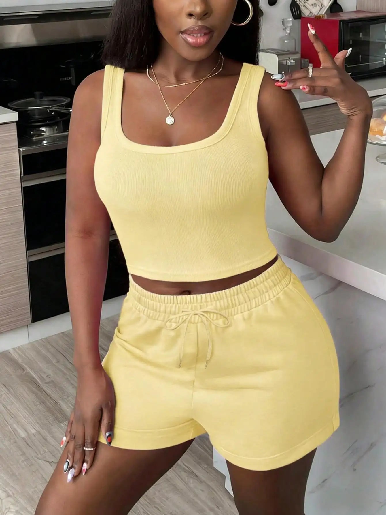 2pcs Women's Casual Gray Crop Top And Shorts Set Summer