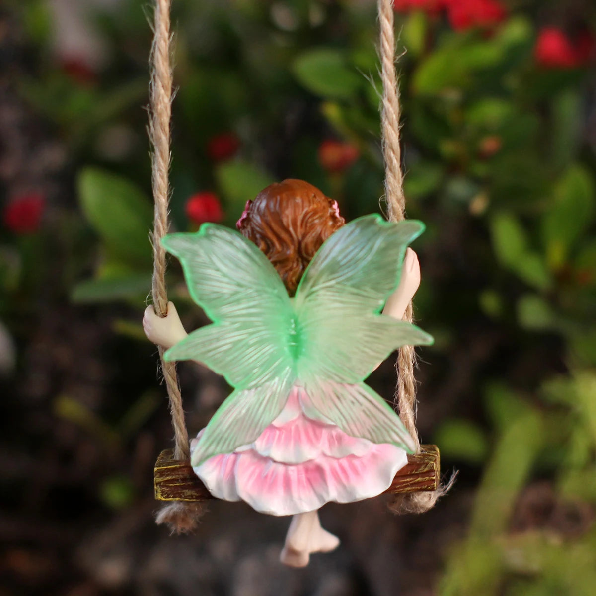 1 pink dress fairy swinging, creative fluorescent wing girl, garden decoration pendant, family gift