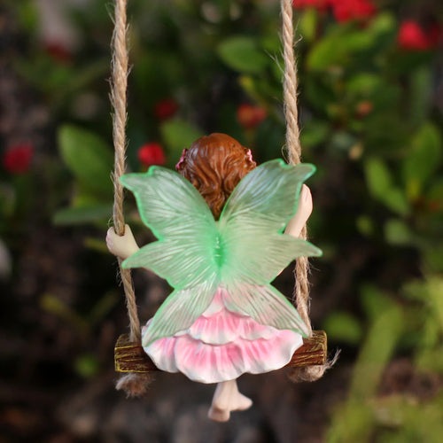 1 pink dress fairy swinging, creative fluorescent wing girl, garden decoration pendant, family gift