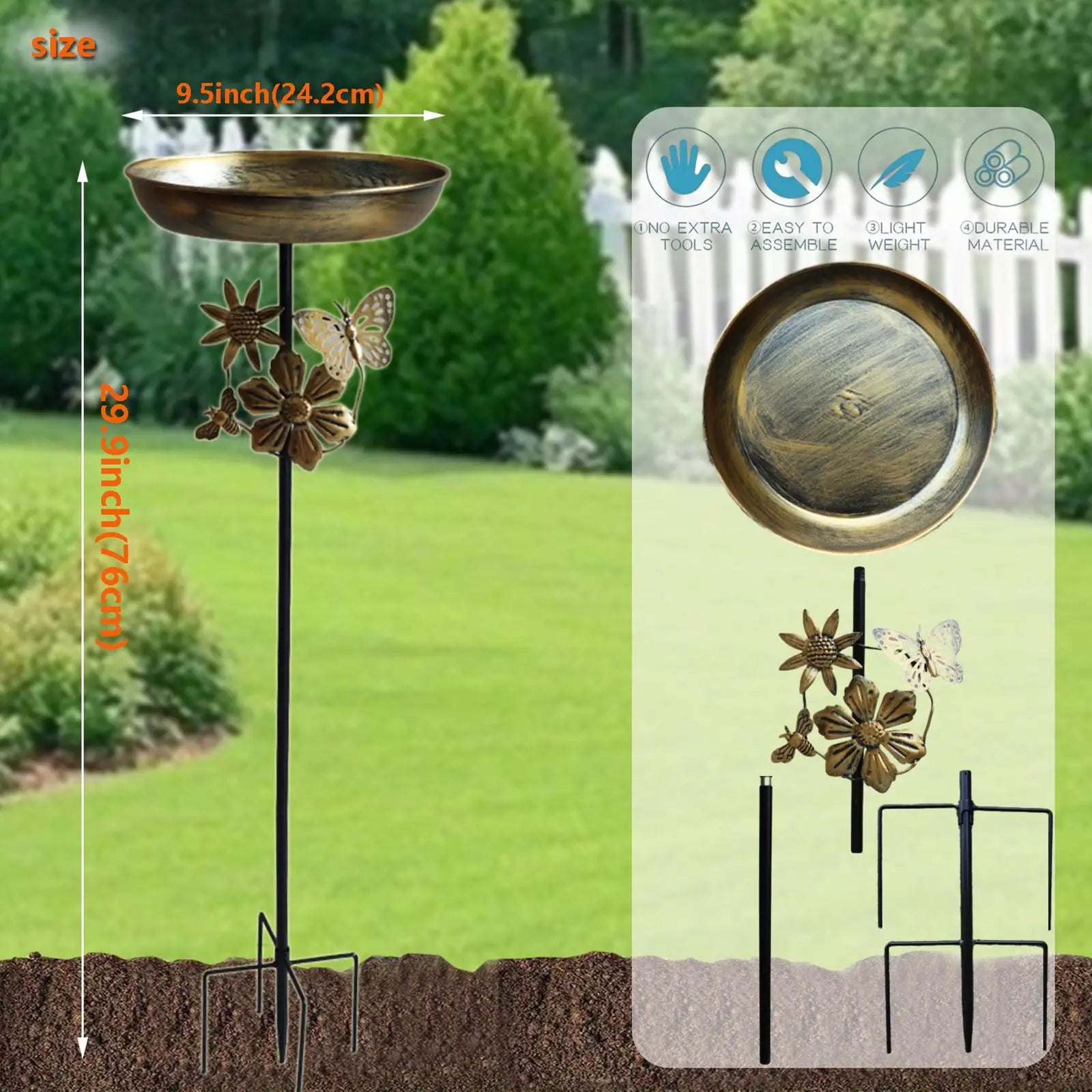 Bird Bath Feeder Bowl 5-Pronged Base Metal Bird Feeder Freestanding Birdbath for Yard Patio Outdoors Garden Iron Pedestal Stake