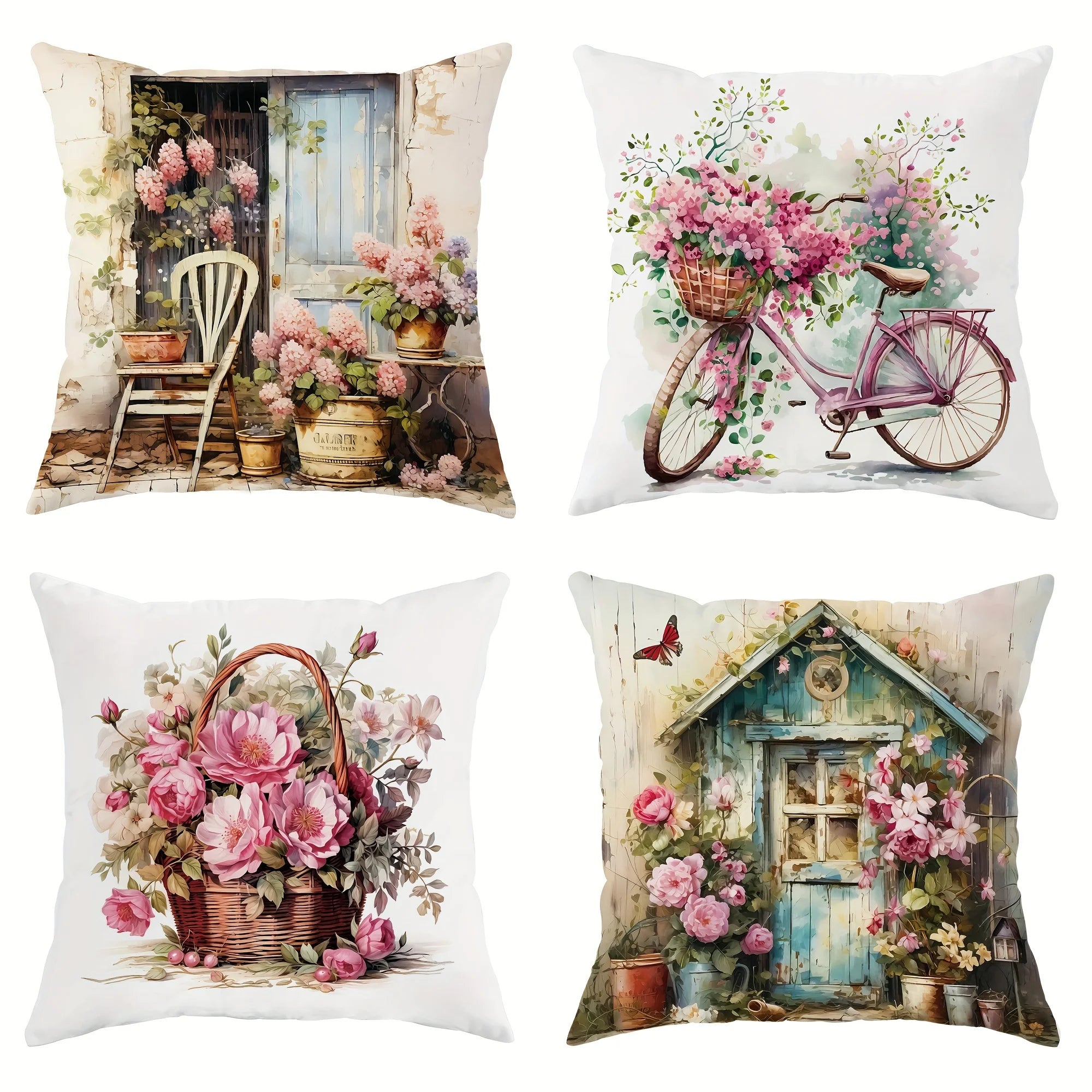 Vibrant Floral Bicycle Design Satin Fabric Throw Pillow Covers Farmhouse Decor for Living Room 45x45Cm Party Gift Cushion Cover