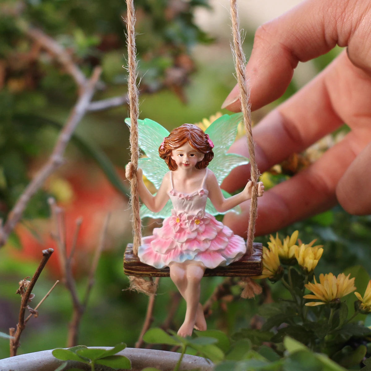 1 pink dress fairy swinging, creative fluorescent wing girl, garden decoration pendant, family gift