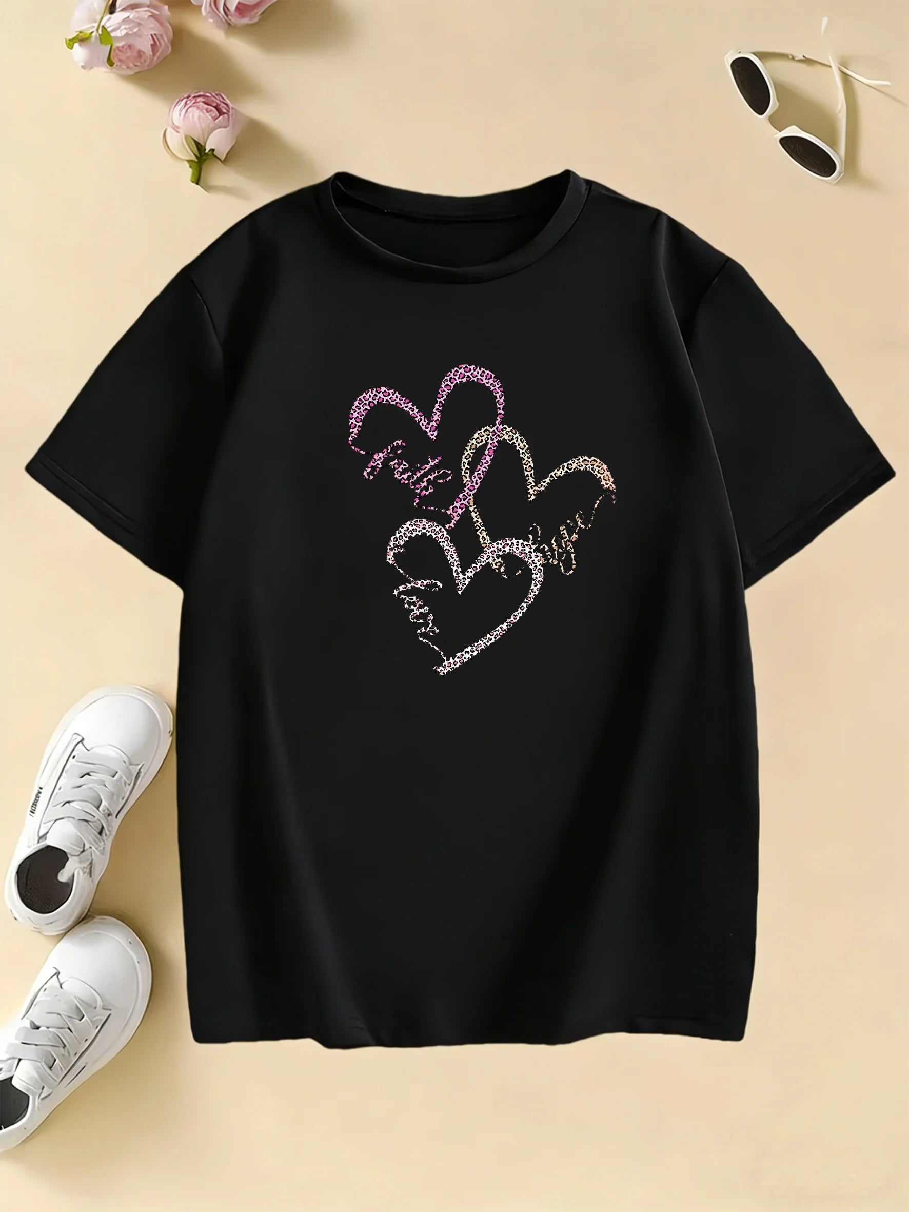 Leopard Print with Love Heart T Shirts Kids