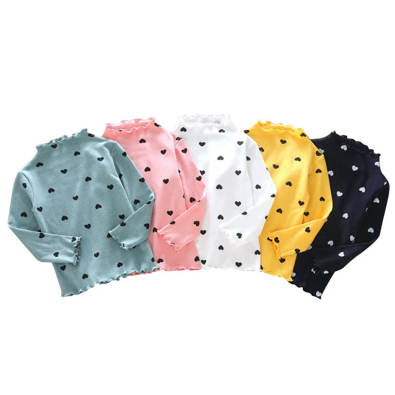Girls Clothes Long-sleeved T-shirts with High Collars for Babies, Spring and Autumn Children's Tops with Ruffles Simple Love