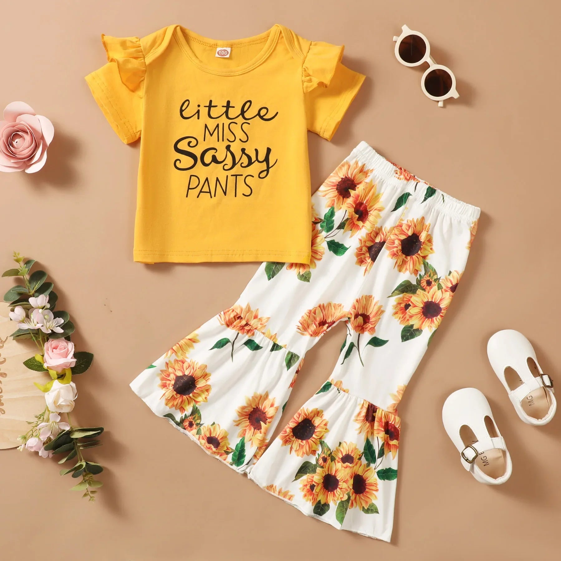 Short Sleeve Top+Sunflower Flare Pants 2PCS