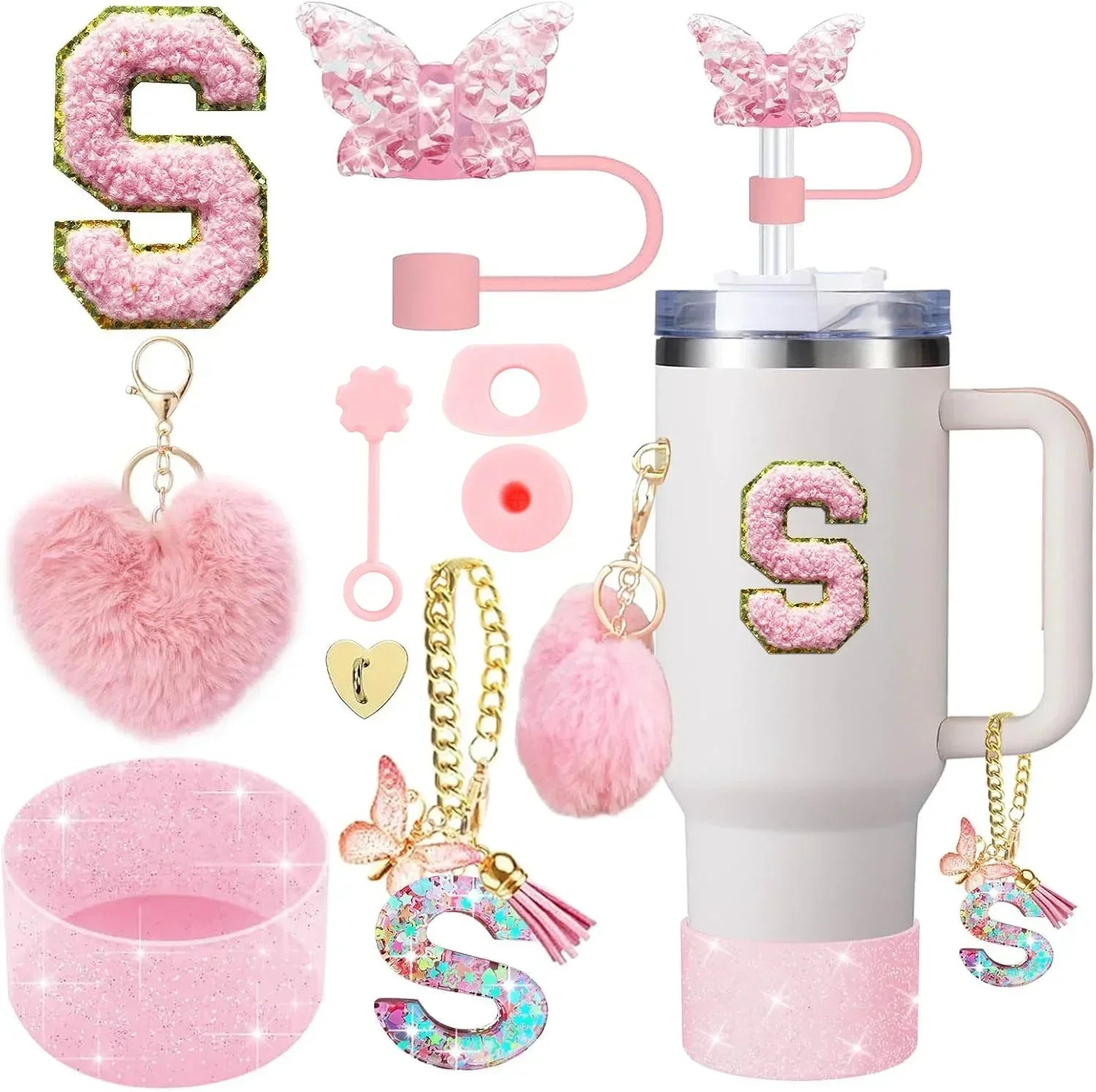 9PCS Accessory Set for Stanley Cup 30oz 40oz Butterfly Straw Cover Cap Silicone Boot Charm Initials Sticker Spill Proof Stopper
