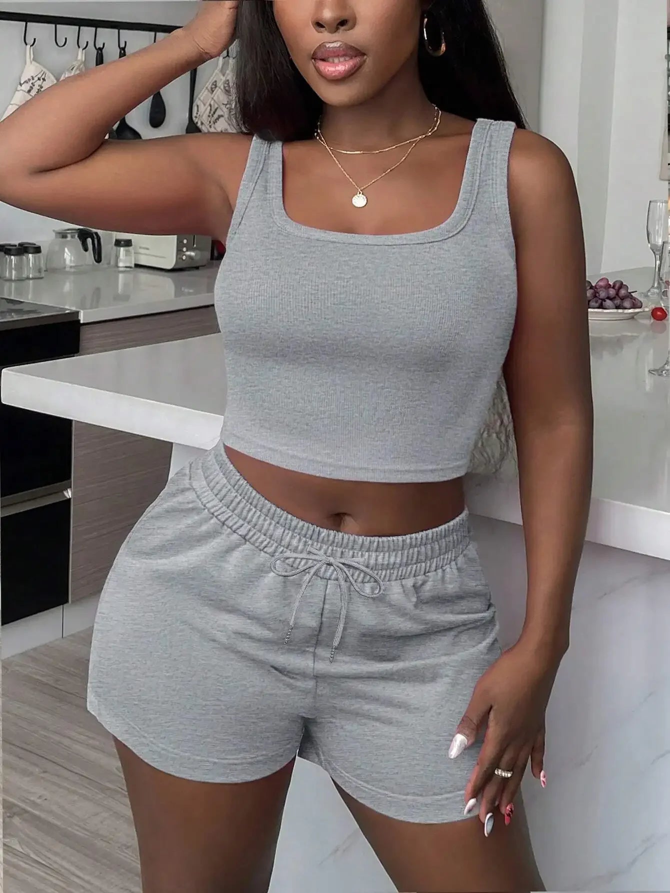 2pcs Women's Casual Gray Crop Top And Shorts Set Summer