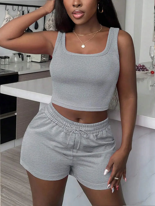 2pcs Women's Casual Gray Crop Top And Shorts Set Summer