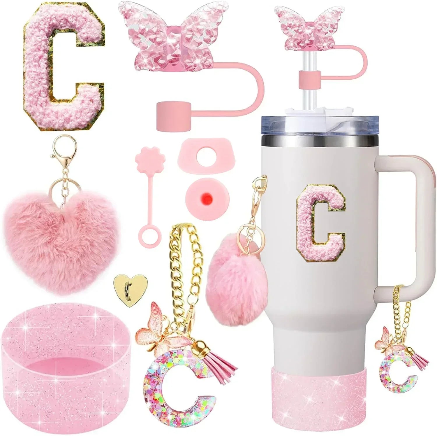 9PCS Accessory Set for Stanley Cup 30oz 40oz Butterfly Straw Cover Cap Silicone Boot Charm Initials Sticker Spill Proof Stopper