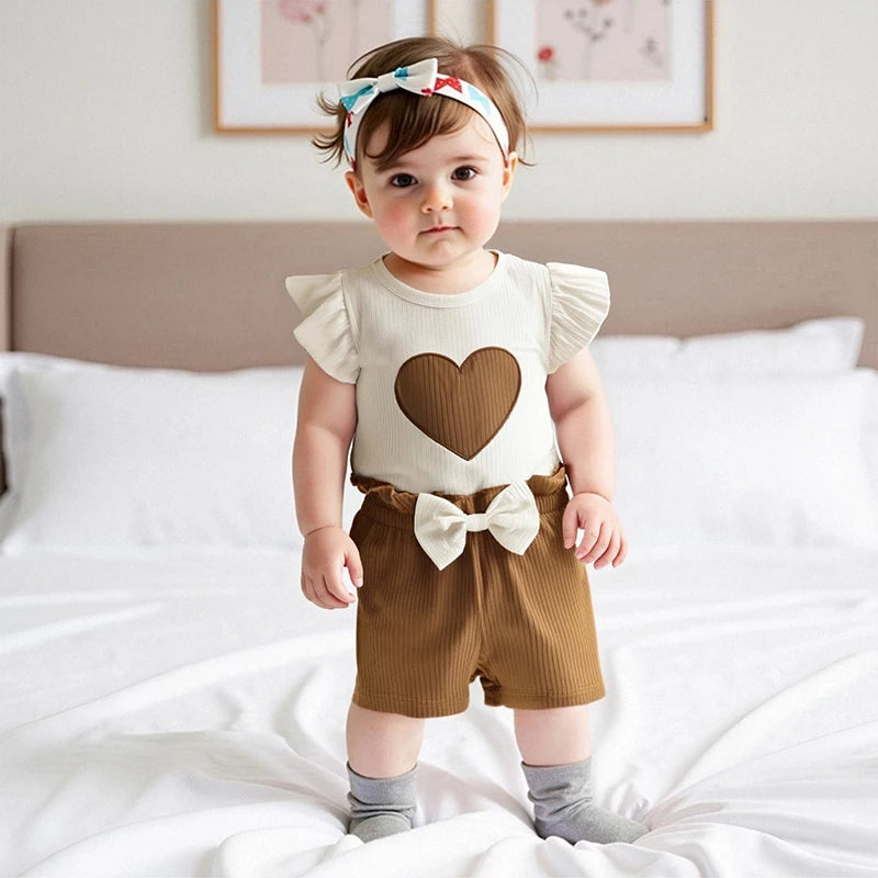 Ribbed Heart Embroidery Fly Sleeves T-Shirt and Elastic Bow Shorts Set