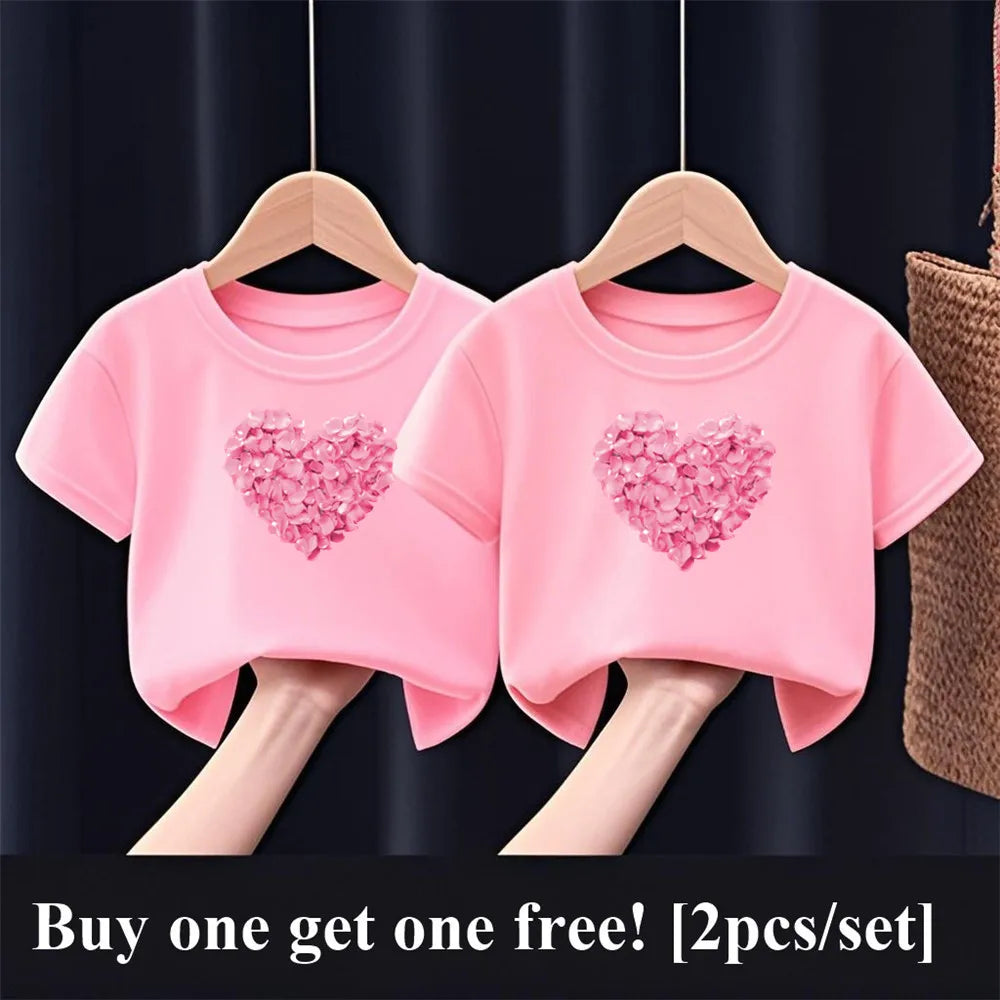 2pcs/Set Girls Fashion Summer Best Friends T Shirt Heart Flower Tees Shirt Short Sleeve Sister Matching Outfit Kids Tops