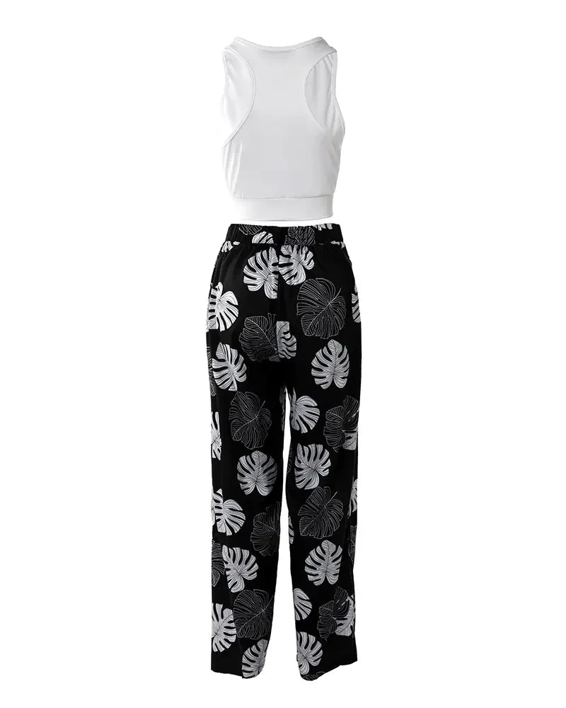 Cut-out Tank Top & Tropical Print Split Wide Leg Pants Set