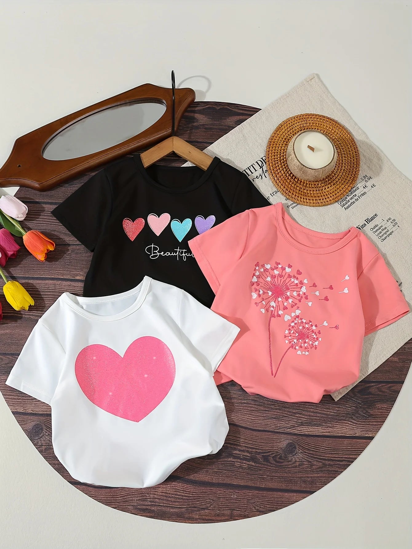 A 3-Piece Summer Heart-Shaped Printed Round-Neck T-Shirt For Girls, A Street Fashion And Versatile Short-Sleeved Top