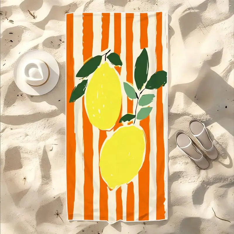 1Pc, Lemon Print Beach Towel, Extra Large Size, Quick-Drying Polyester Fiber Material, Sand-Resistant Design, Suitable for Beach, Pool, and Travel Use, Summer Gift, Tropical Style.