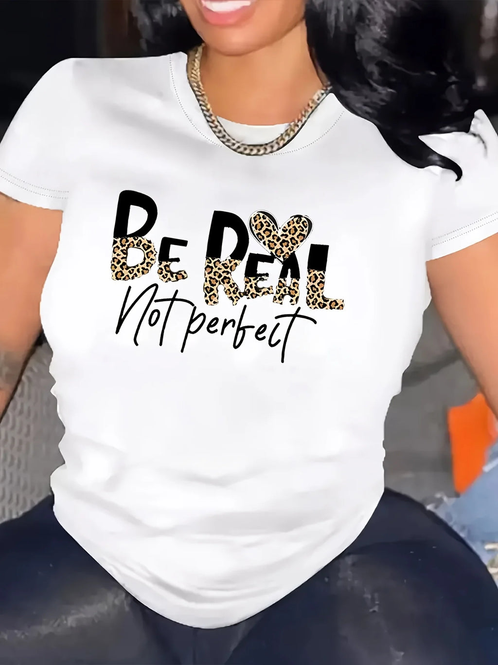 Be Real Not Perfect Women's Tee - Leopard Heart Graphic Black Top