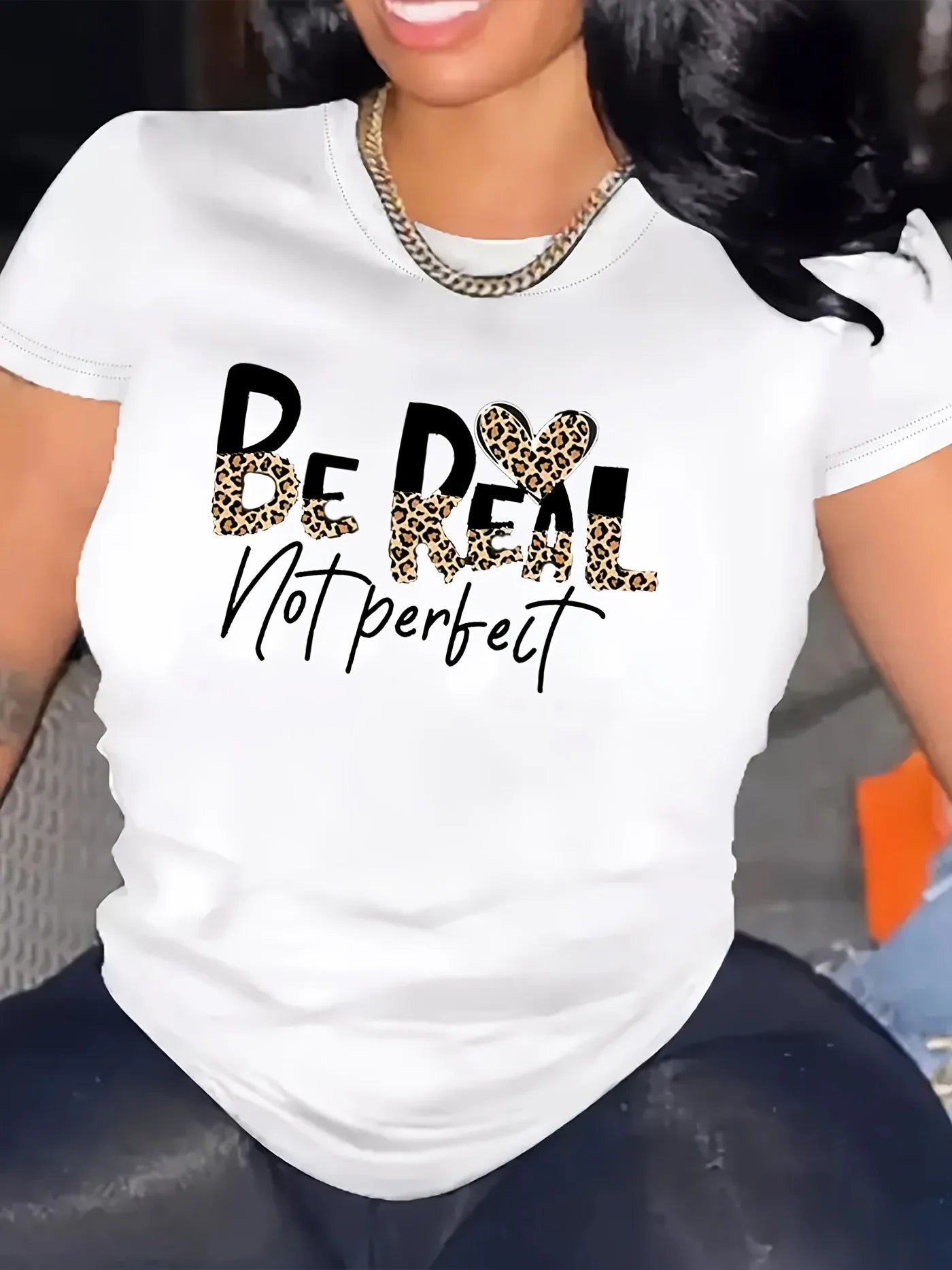 Be Real Not Perfect Women's Tee - Leopard Heart Graphic Black Top