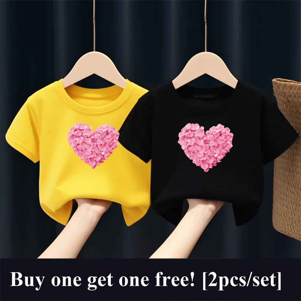 2pcs/Set Girls Fashion Summer Best Friends T Shirt Heart Flower Tees Shirt Short Sleeve Sister Matching Outfit Kids Tops