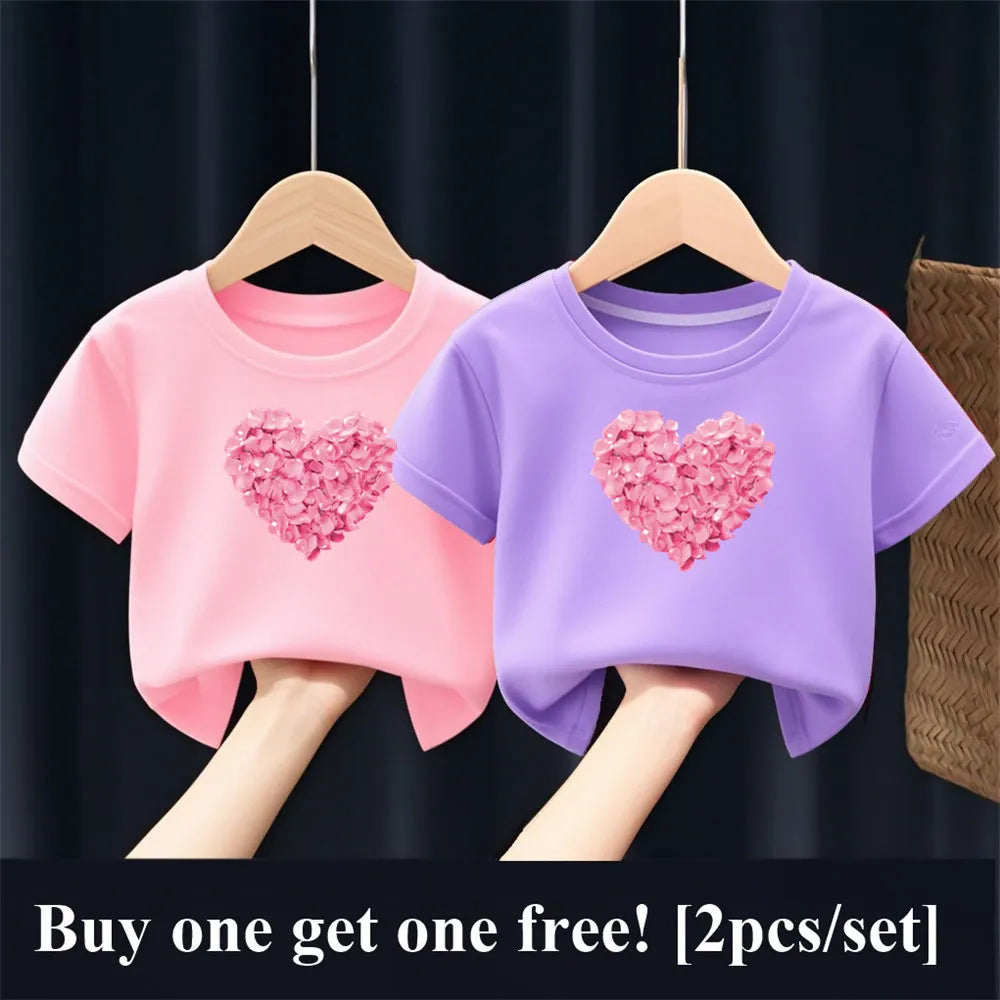 2pcs/Set Girls Fashion Summer Best Friends T Shirt Heart Flower Tees Shirt Short Sleeve Sister Matching Outfit Kids Tops