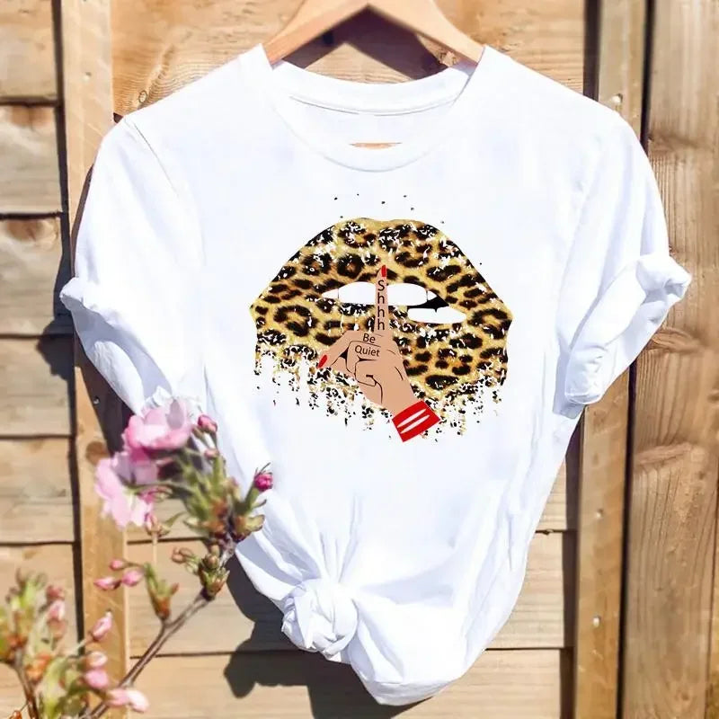 Women Leopard Love Heart Print Tee