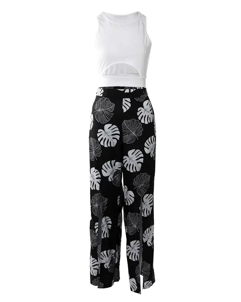 Cut-out Tank Top & Tropical Print Split Wide Leg Pants Set