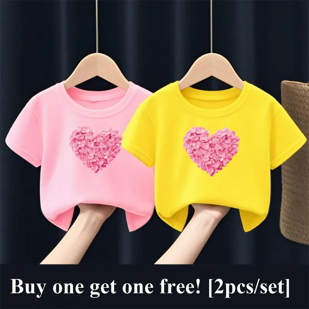 2pcs/Set Girls Fashion Summer Best Friends T Shirt Heart Flower Tees Shirt Short Sleeve Sister Matching Outfit Kids Tops