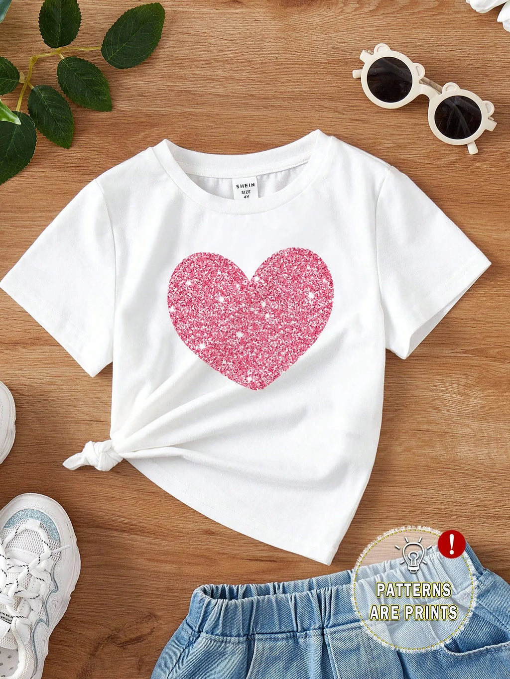 Short Sleeve T-Shirt with Glitter Heart Print