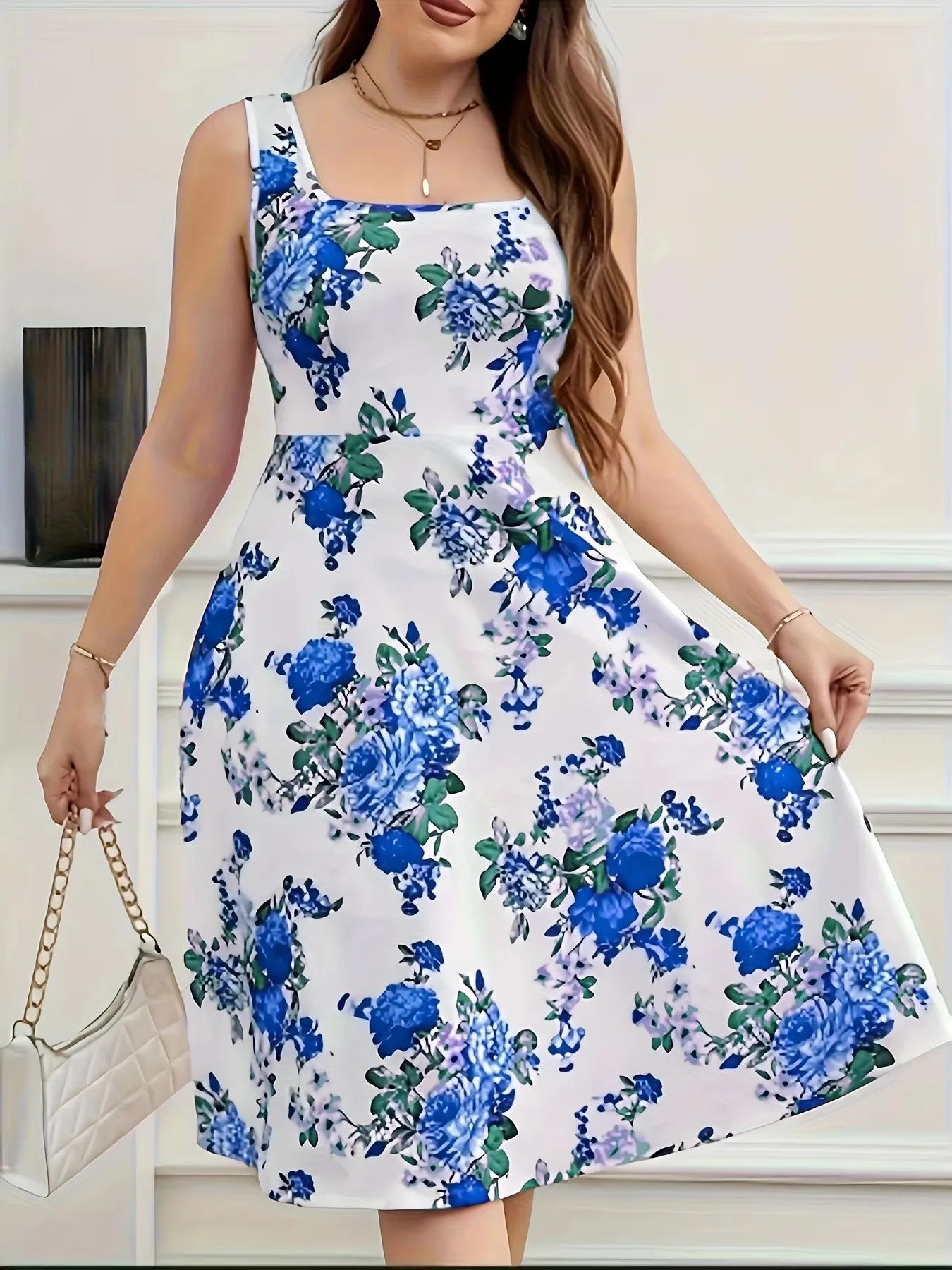 Plus Size Floral Print Square Neck Sleeveless Dress