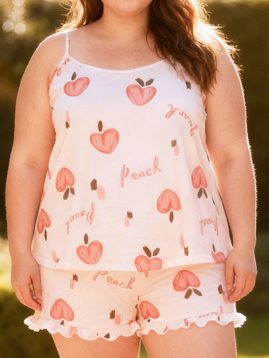 Plus Size Women's Spring Summer Loungewear Set Sweet Girly Peach Print Cami Top with Shorts Soft Pajamas Sleepwear