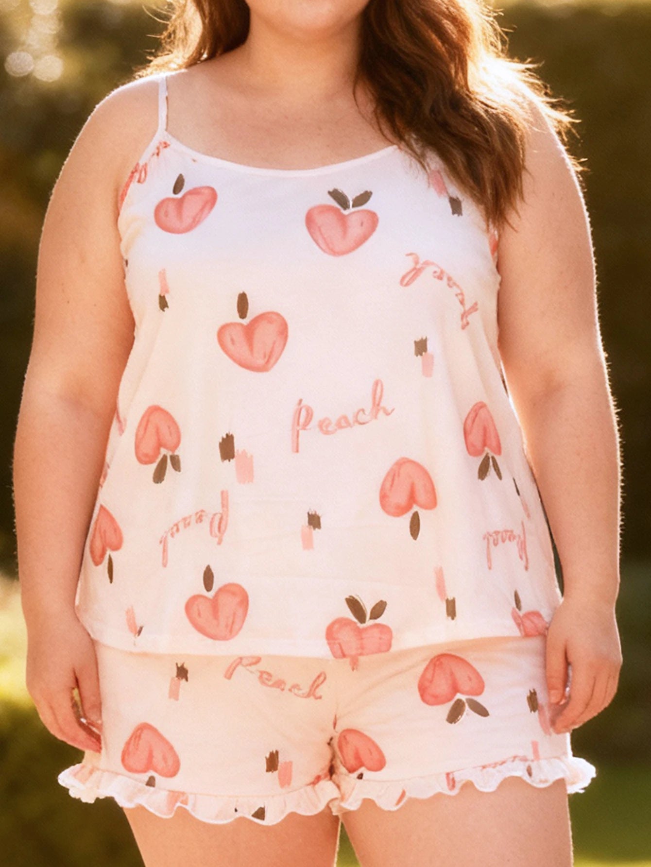 Plus Size Women's Spring Summer Loungewear Set Sweet Girly Peach Print Cami Top with Shorts Soft Pajamas Sleepwear