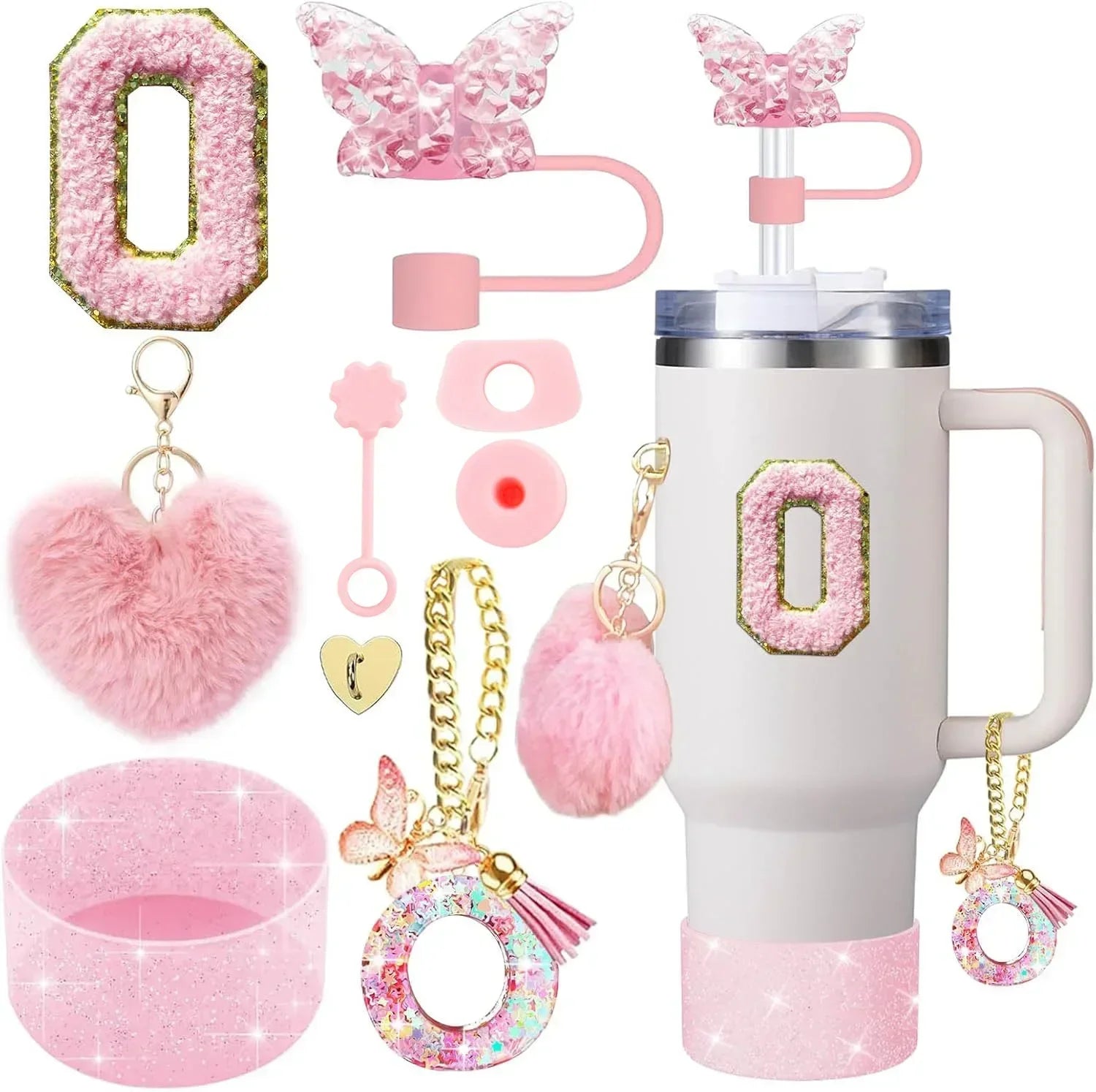 9PCS Accessory Set for Stanley Cup 30oz 40oz Butterfly Straw Cover Cap Silicone Boot Charm Initials Sticker Spill Proof Stopper