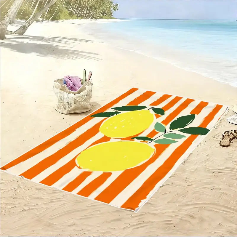 1Pc, Lemon Print Beach Towel, Extra Large Size, Quick-Drying Polyester Fiber Material, Sand-Resistant Design, Suitable for Beach, Pool, and Travel Use, Summer Gift, Tropical Style.