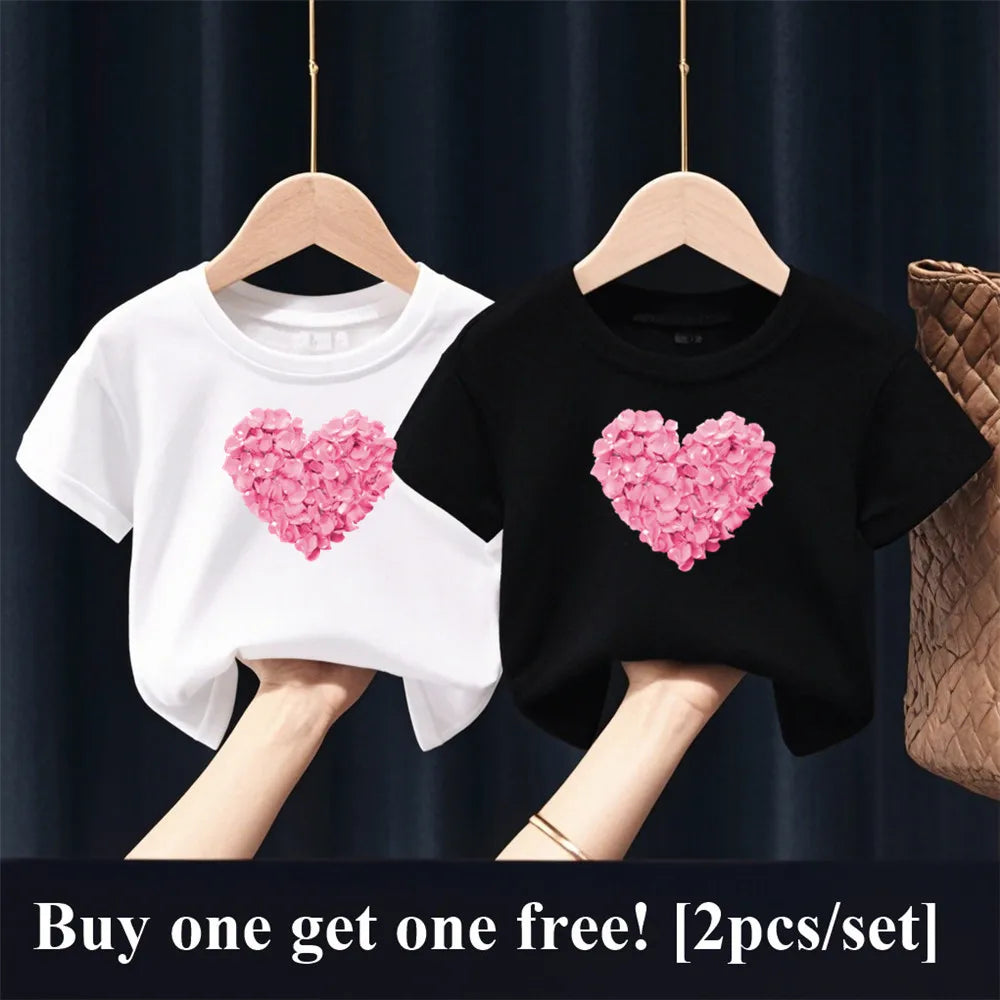 2pcs/Set Girls Fashion Summer Best Friends T Shirt Heart Flower Tees Shirt Short Sleeve Sister Matching Outfit Kids Tops