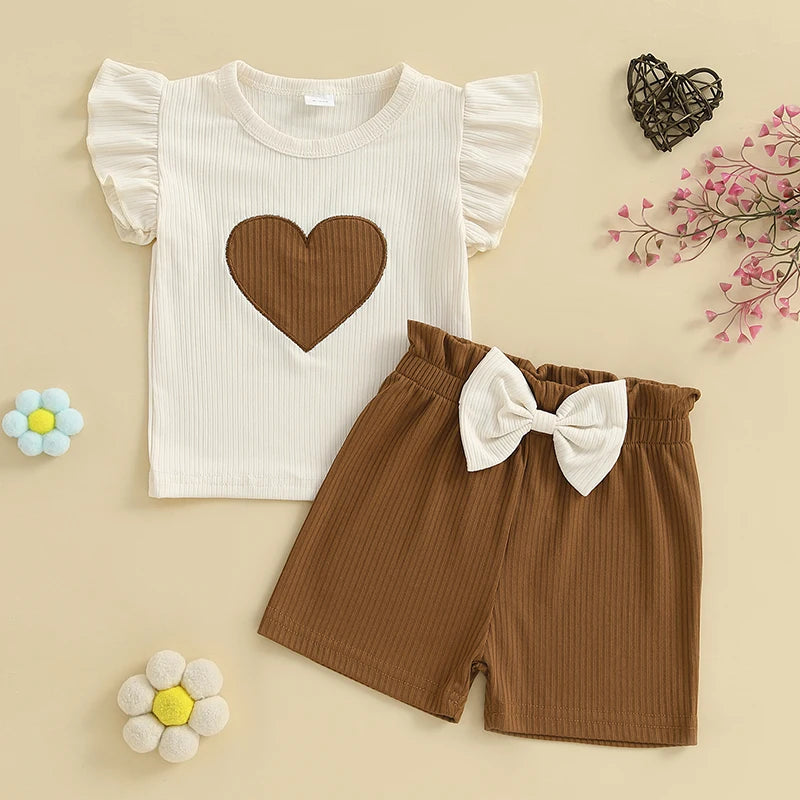 Ribbed Heart Embroidery Fly Sleeves T-Shirt and Elastic Bow Shorts Set