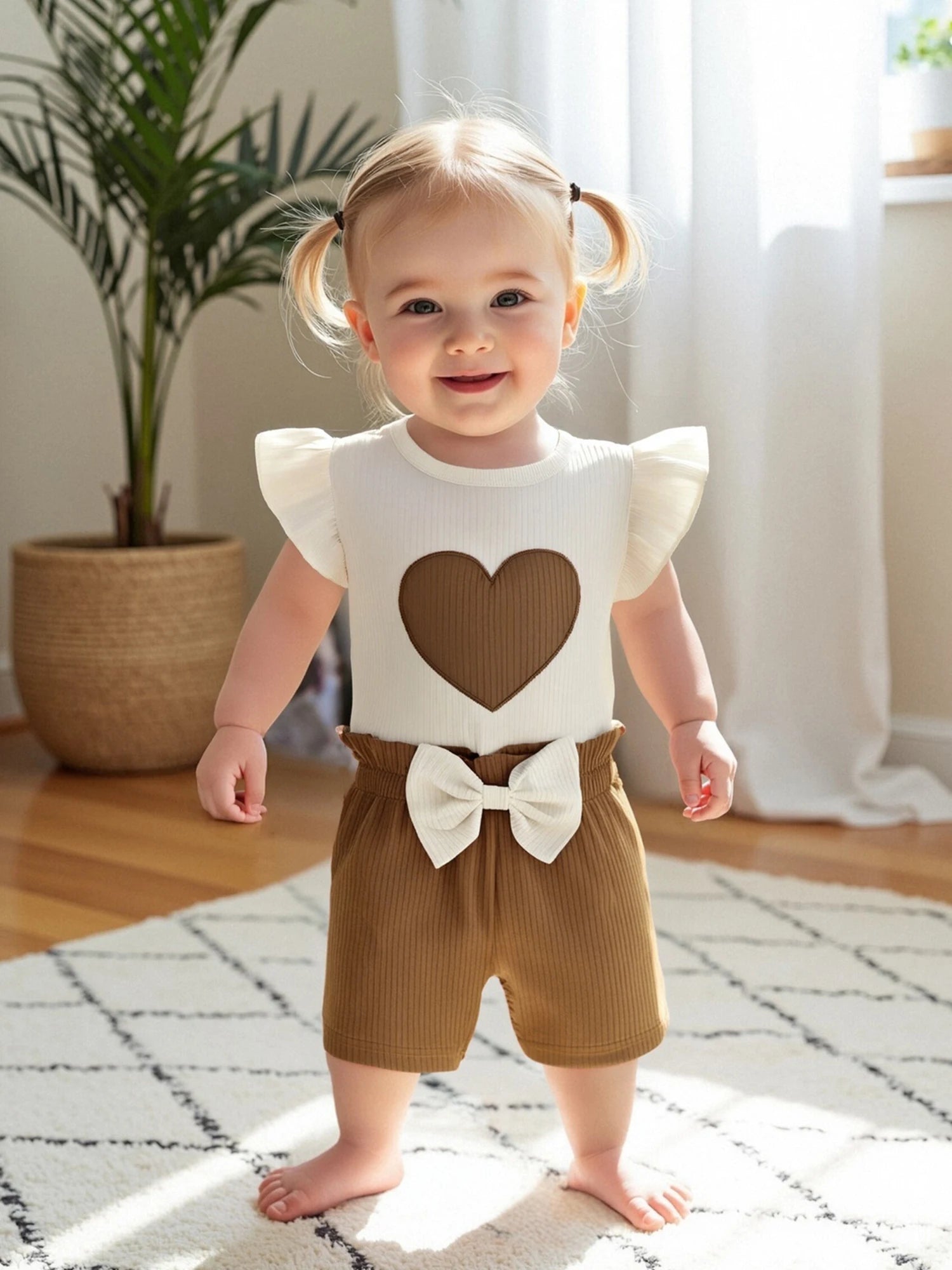 Ribbed Heart Embroidery Fly Sleeves T-Shirt and Elastic Bow Shorts Set
