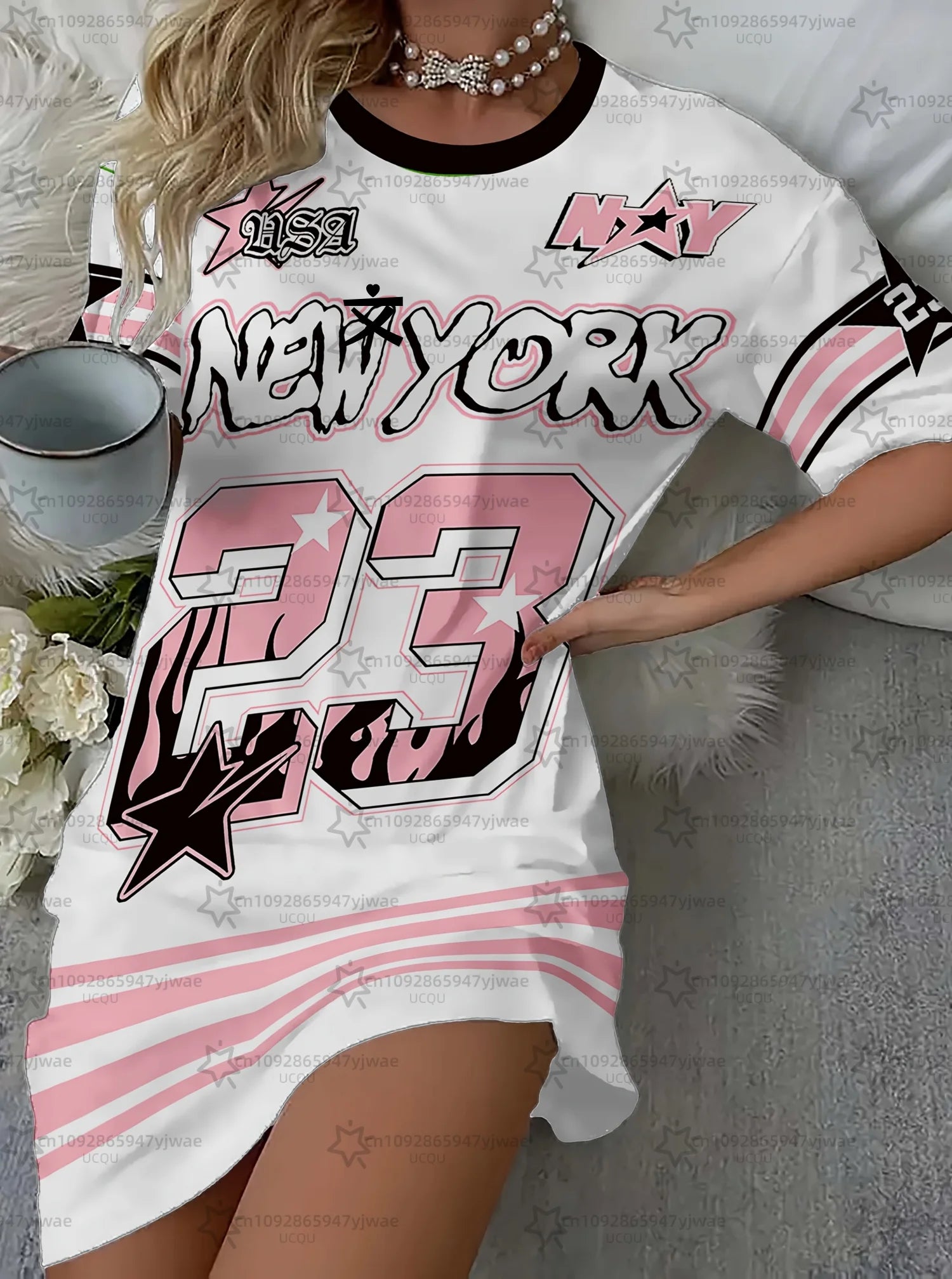2026 Summer Women T-Shirt Dress Loose Casual No.23 New York Printed O-Neck Lady Short Sleeve Pullover Dresses Women Clothing