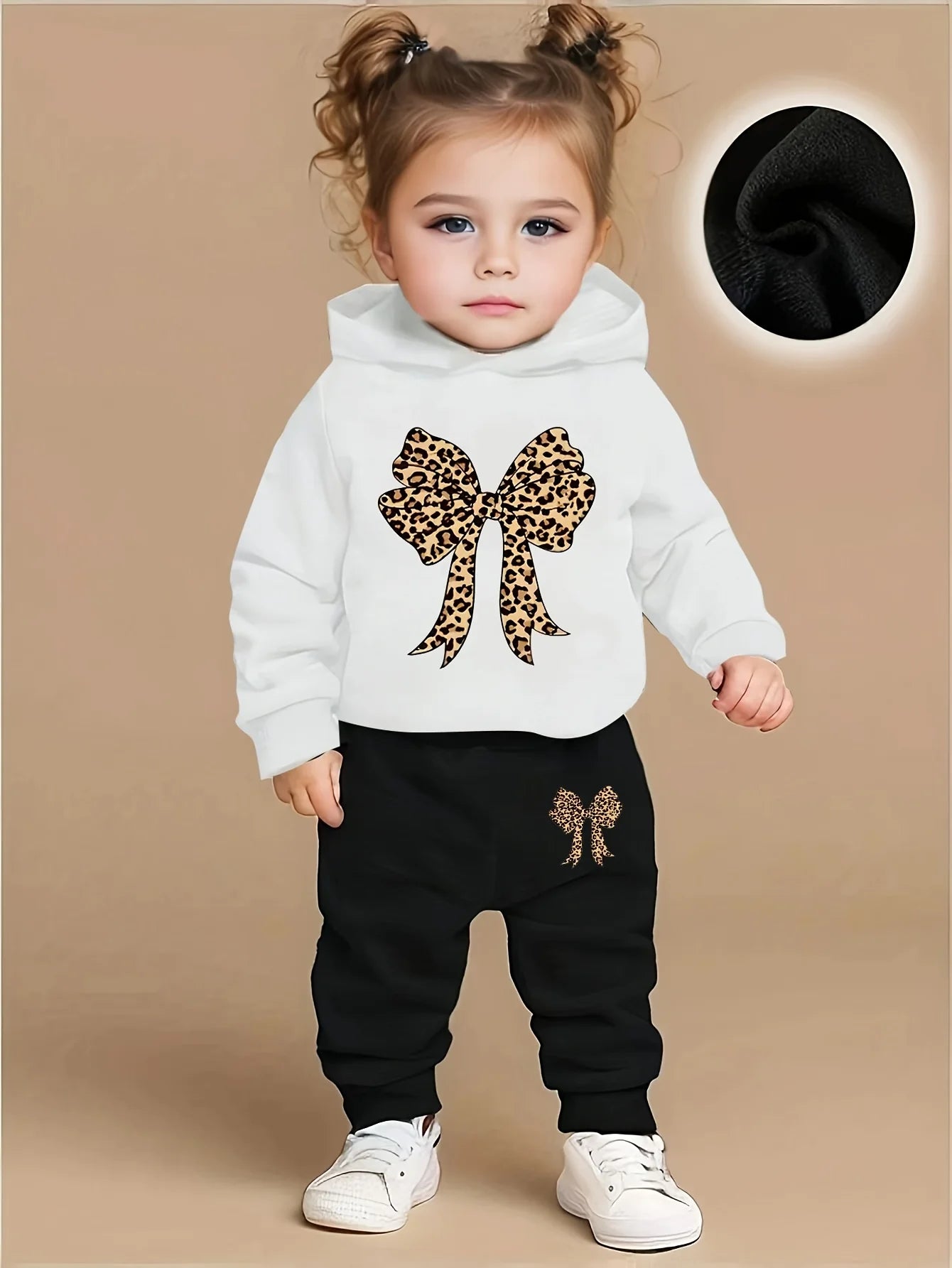 Leopard Print Bowtie Fleece Hoodie And Pants Set