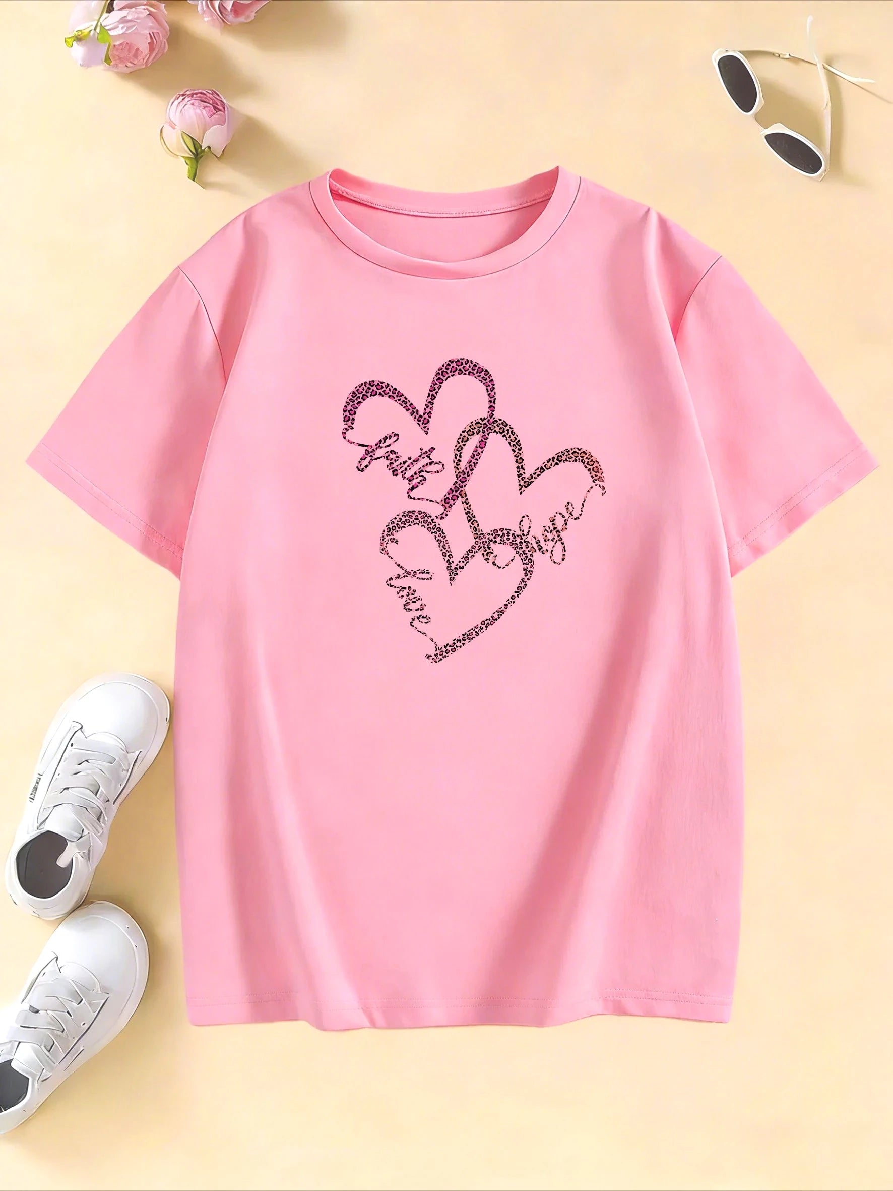 Leopard Print with Love Heart T Shirts Kids