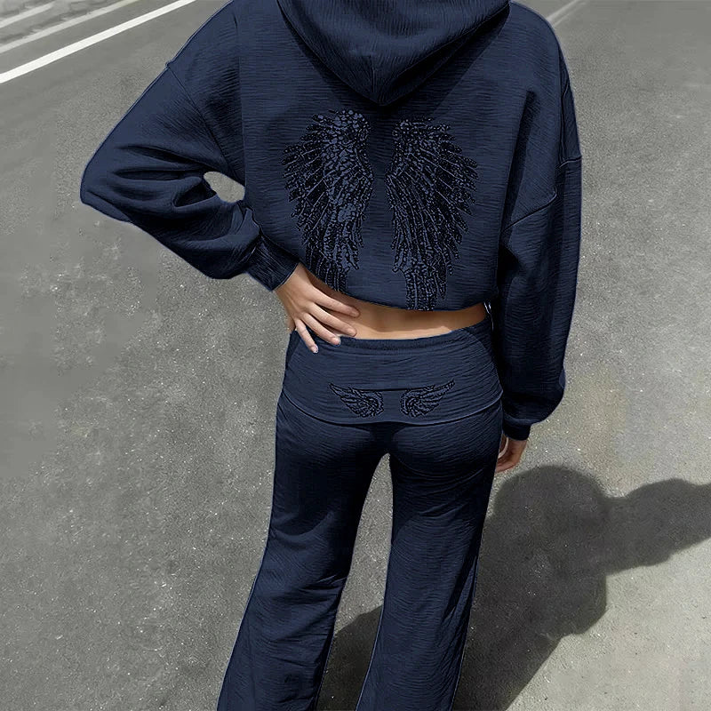 Retro Shiny Wings Print Long Sleeve Zip Casual Sweatshirt Fall Winter Women's Hoodie Pants Set of 2 Solid Color Streetwear