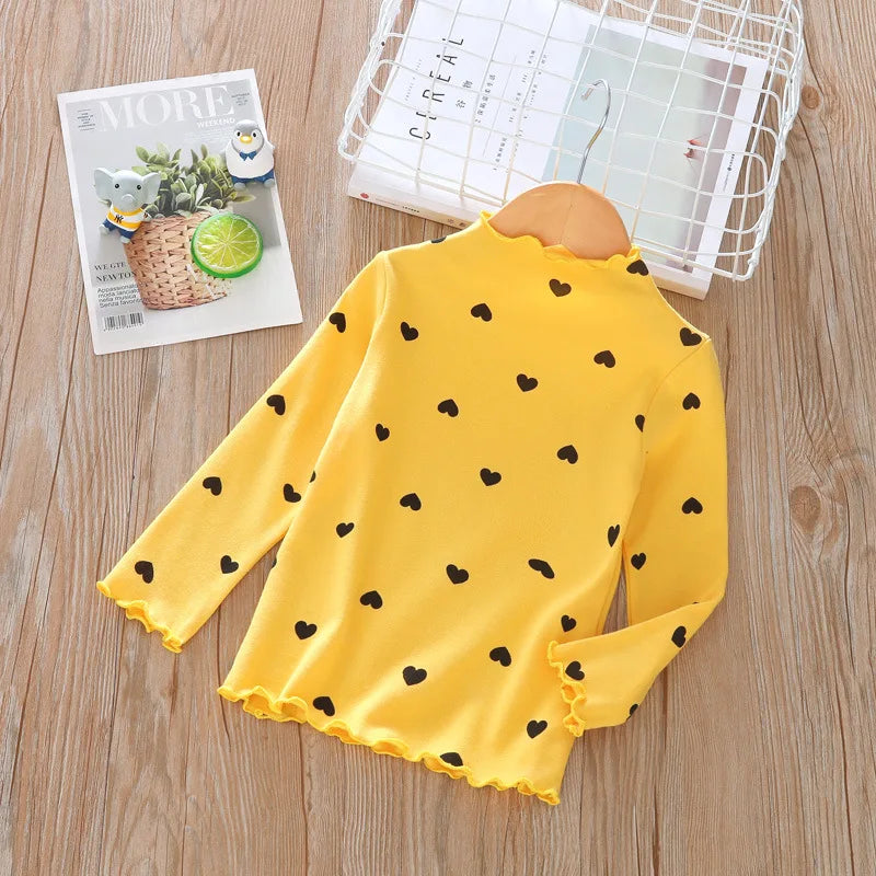 Girls Clothes Long-sleeved T-shirts with High Collars for Babies, Spring and Autumn Children's Tops with Ruffles Simple Love