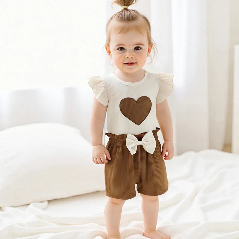 Ribbed Heart Embroidery Fly Sleeves T-Shirt and Elastic Bow Shorts Set