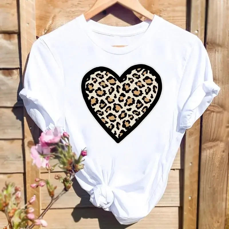 Women Leopard Love Heart Print Tee