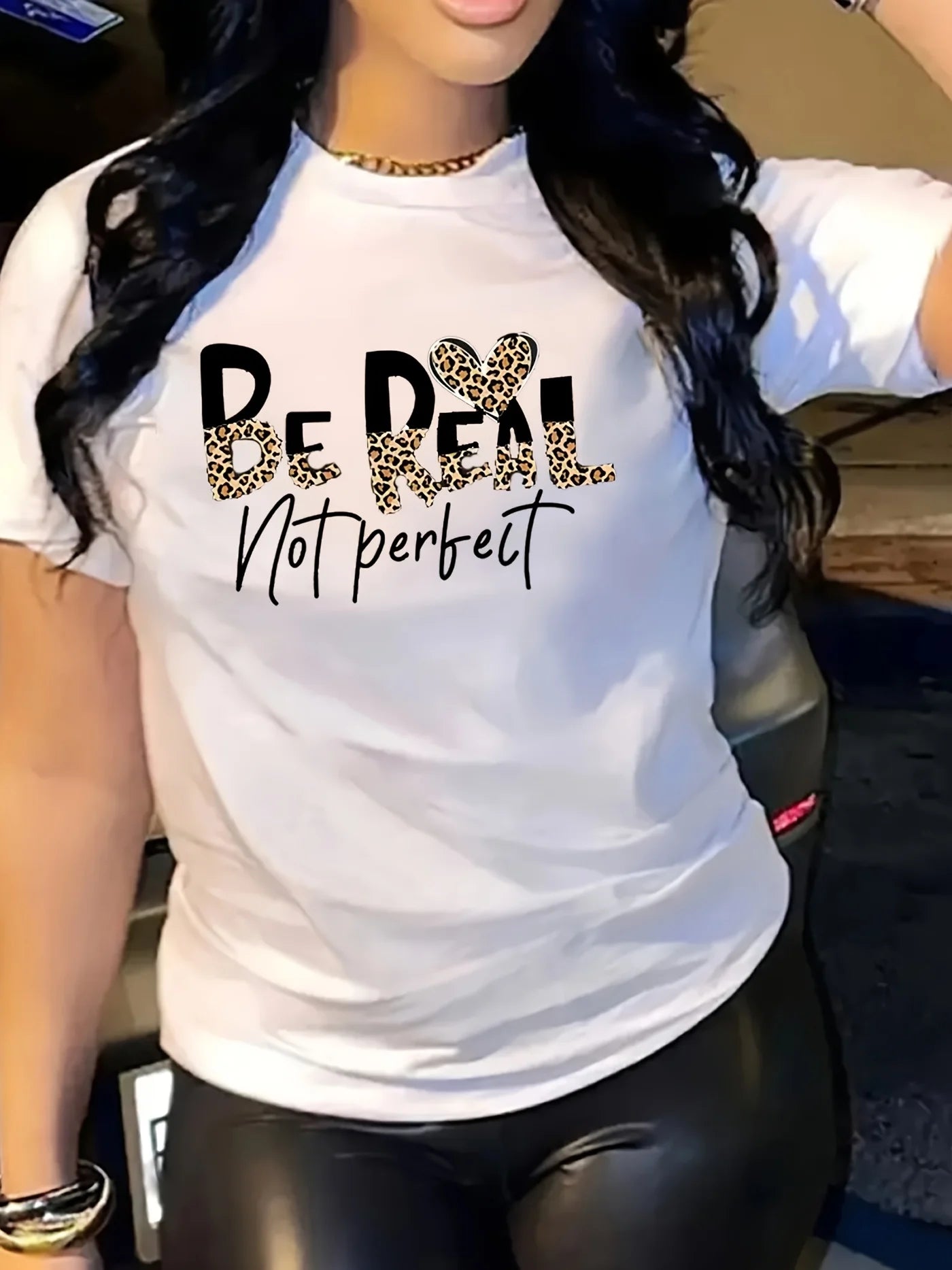 Be Real Not Perfect Women's Tee - Leopard Heart Graphic Black Top