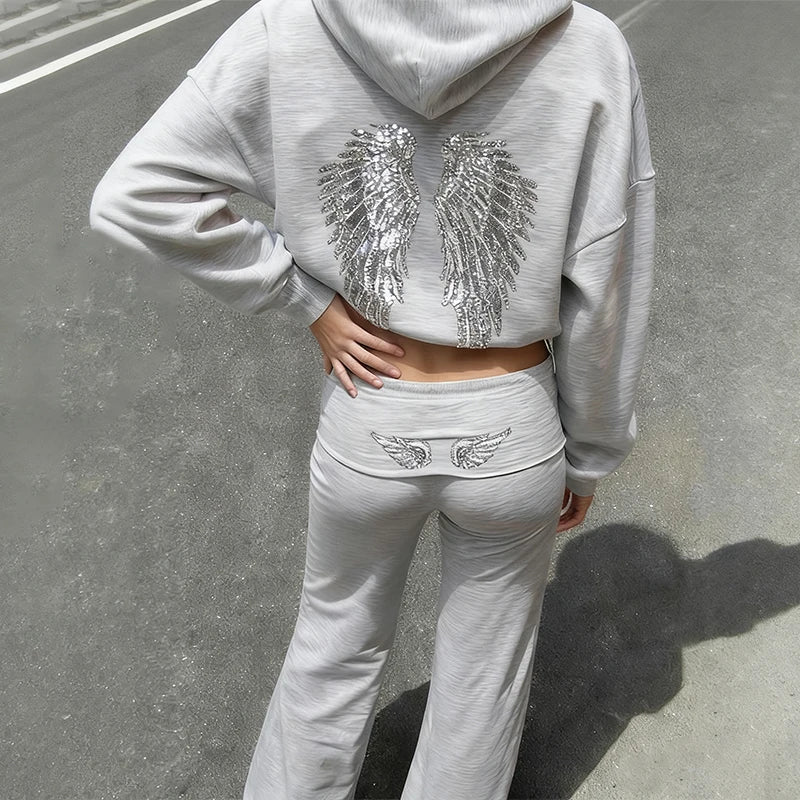 Retro Shiny Wings Print Long Sleeve Zip Casual Sweatshirt Fall Winter Women's Hoodie Pants Set of 2 Solid Color Streetwear