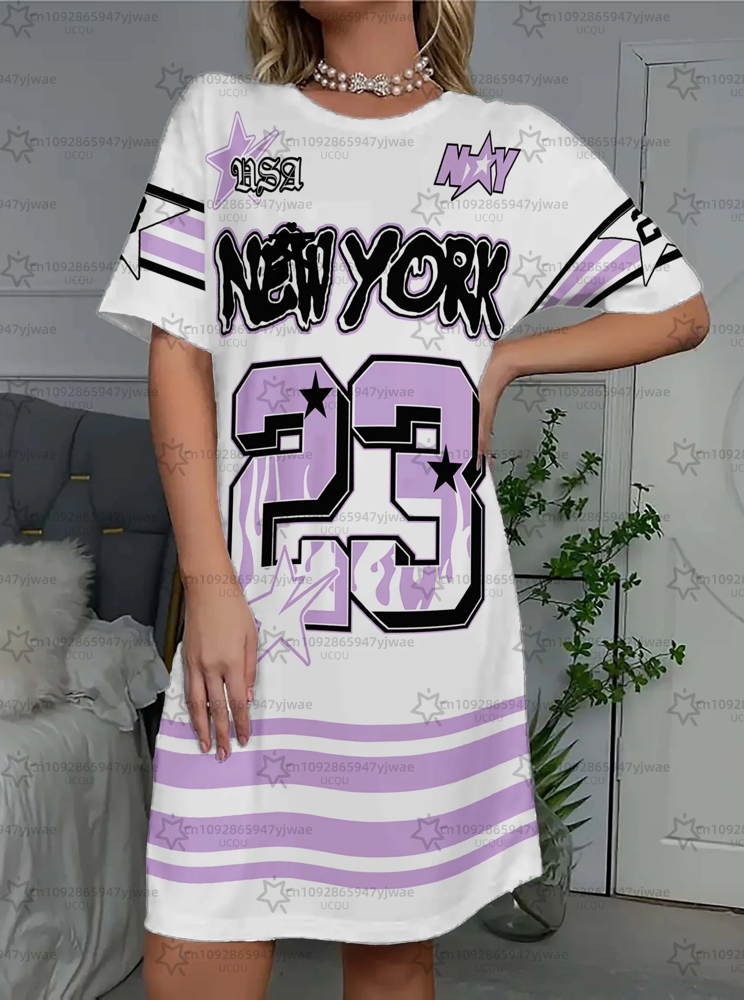 2026 Summer Women T-Shirt Dress Loose Casual No.23 New York Printed O-Neck Lady Short Sleeve Pullover Dresses Women Clothing