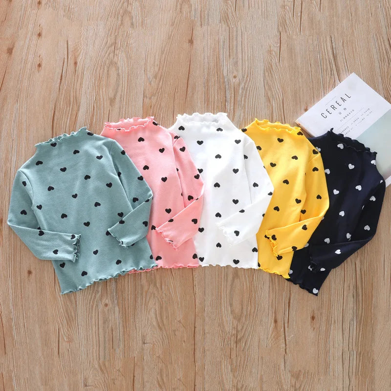 Girls Clothes Long-sleeved T-shirts with High Collars for Babies, Spring and Autumn Children's Tops with Ruffles Simple Love