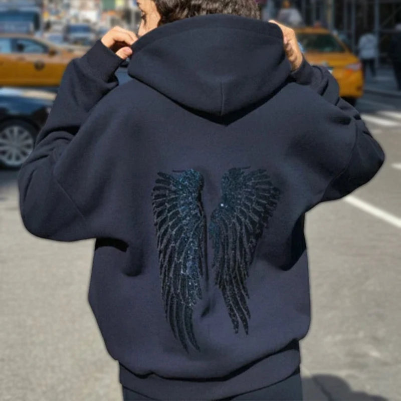 Retro Shiny Wings Print Long Sleeve Zip Casual Sweatshirt Fall Winter Women's Hoodie Pants Set of 2 Solid Color Streetwear