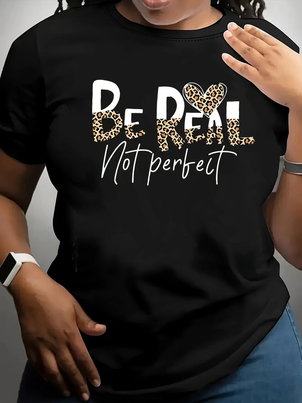 Be Real Not Perfect Women's Tee - Leopard Heart Graphic Black Top