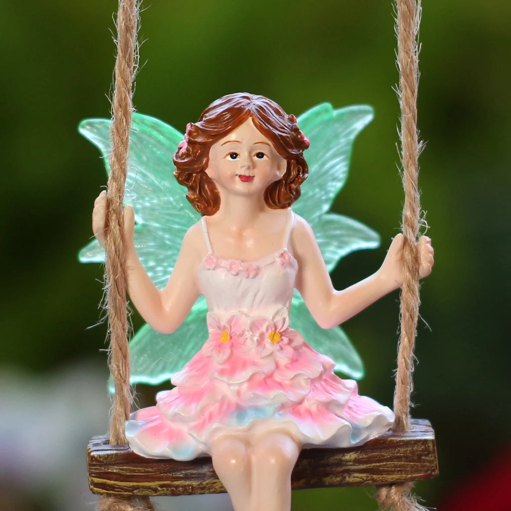 1 pink dress fairy swinging, creative fluorescent wing girl, garden decoration pendant, family gift