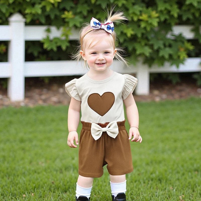 Ribbed Heart Embroidery Fly Sleeves T-Shirt and Elastic Bow Shorts Set