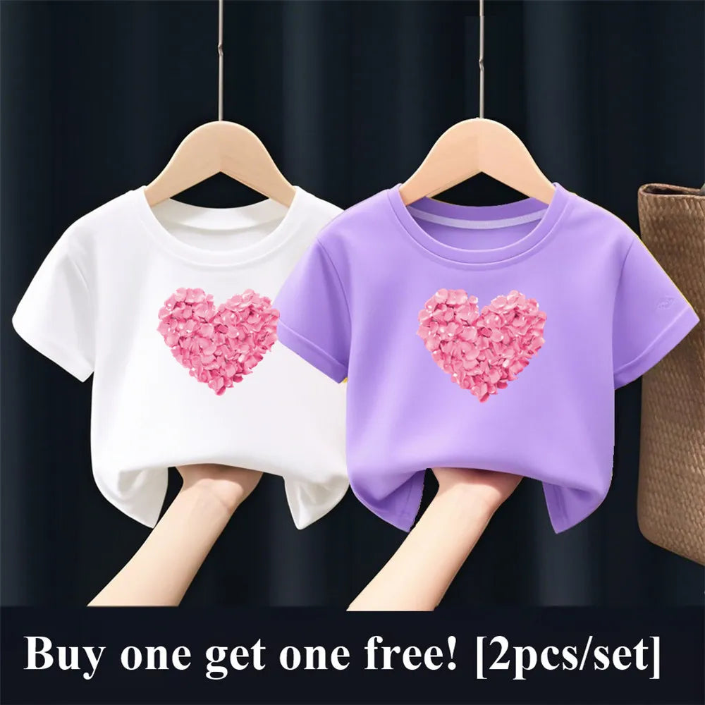 2pcs/Set Girls Fashion Summer Best Friends T Shirt Heart Flower Tees Shirt Short Sleeve Sister Matching Outfit Kids Tops